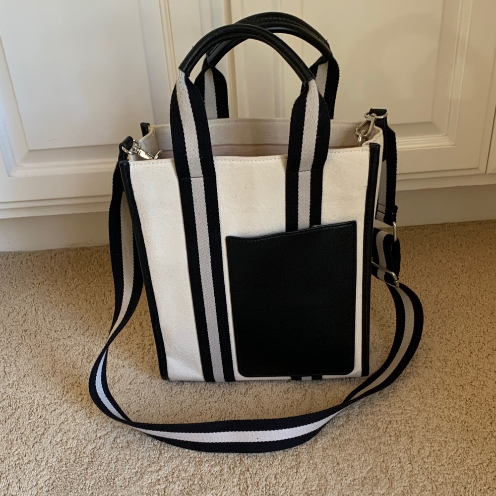 BCBG Black and White Canvas Tote with Striped Shoulder Strap